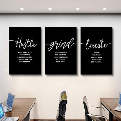 Hustle Quotes Execute Prints, Framed Canvas Wall Art Success Quote, Office Wall Art, Black Large Poster, Positive Motivational Set of 3 Prints, Boss Gift (F-3pcs,20x30inchx3pcs)