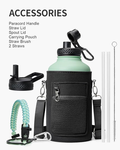 Insulated Water Bottle 64oz,Half Gallon Water Flask Stainless Steel Vacuum, Cold for 48 Hrs,BPA-Free & Leakproof -with Paracord Handle, Strap,Straw Spout Lids,Large Jug for Gym Sports,Green