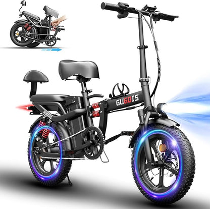2 Seater Electric Bike for Adults,Mini Bike 500/750 Motor,28MPH,48V/15AH Removable Battery,25-30Miles 16" Fat Tire Commuter Ebike,Full Suspension Foldable Electric Bicycles for Adults Teens