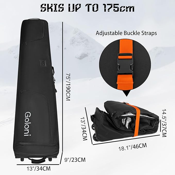 Goloni Ski Bag with Wheels,Padded Snowboard Bag for Air Travel,600D Waterproof Fabric,Foldable Snow Bag Fits 2 Pairs Skis