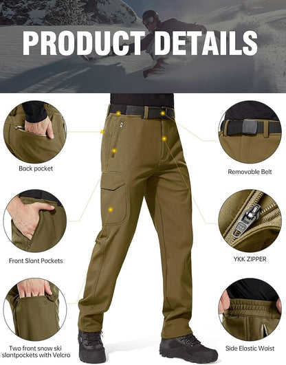 FREE SOLDIER Men's Outdoor Softshell Fleece Lined Cargo Pants Snow Ski Hiking Pants with Belt
