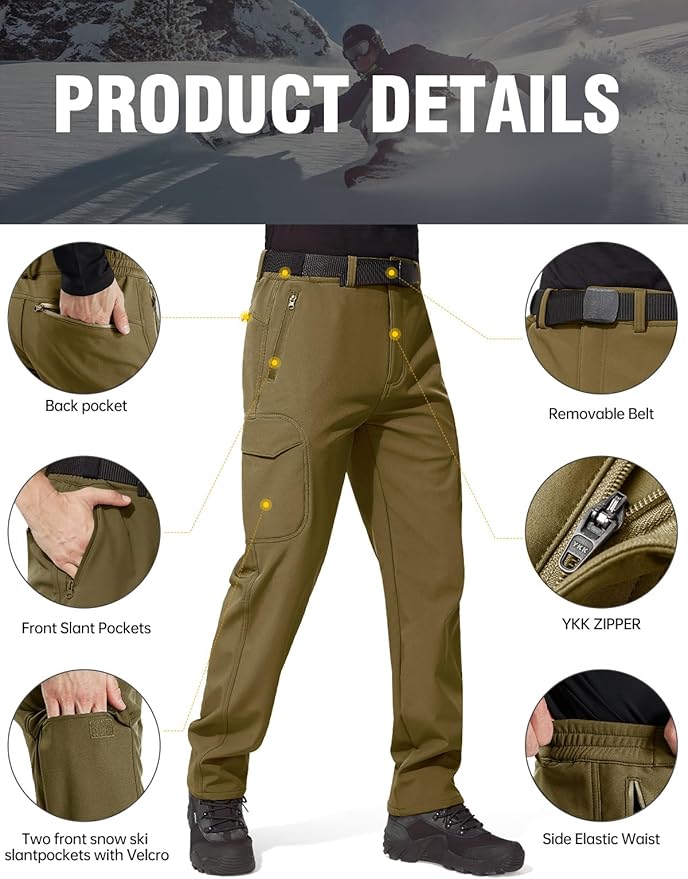FREE SOLDIER Men's Outdoor Softshell Fleece Lined Cargo Pants Snow Ski Hiking Pants with Belt