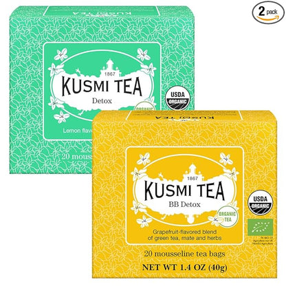 Kusmi Tea - BB Detox + Detox - Set of 2 boxes - 2 Green Tea, Mate, Herbal and Lemon and Grapefruit Flavored Blends - To be enjoyed Hot or as Iced Tea - 2x20 Tea Bags