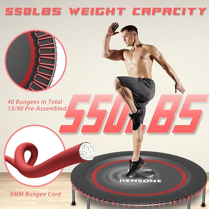 40/48" Low-Impact Rebounder Trampoline for Adults with Bungee, 450/550LBS Quiet Mini Exercise Trampoline with Adjustable U/T-Shaped Foam Handle Bar, Fitness Equipment for Indoor/Gym Workout