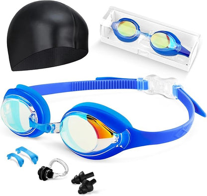Kids Swim Goggles, Anti-fog and UV Protection with Swim Cap for Age 3-15 Youth Boys Girls Toddler
