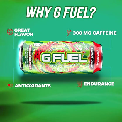 G Fuel Energy Drink, Watermelon, Sugar Free Beverage with 300mg Caffeine, Daily Energy Boost with Focus Amino, Vitamin + Antioxidants, 16 oz Cans (Watermelon Limeade, 12-Pack)