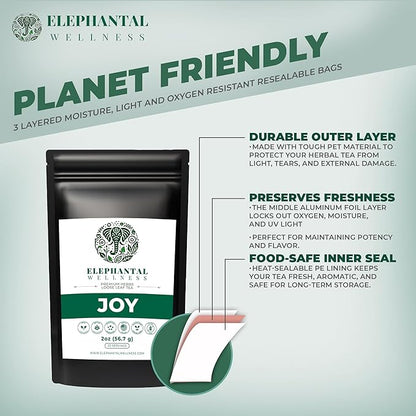 Elephantal Wellness Premium Joy Herbal Tea | Mood & Emotional Balance Support with St. John’s Wort, Kava, Ginkgo & Lavender | Handmade, Non-GMO, Caffeine-Free Loose Leaf Blend, 2oz, 20 Servings