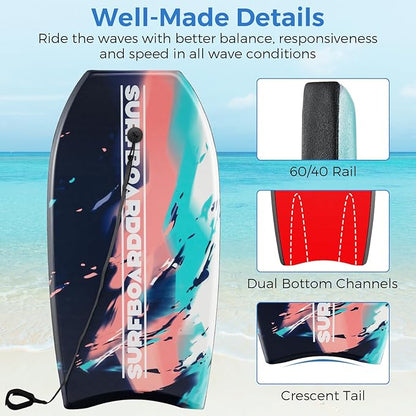 Goplus 41''/37''/33'' Lightweight Body Board for Beach, Surf Board with EPS Core, XPE Deck, HDPE Slick Bottom, Wrist Leash, Bodyboard for Kids Adults Surfing