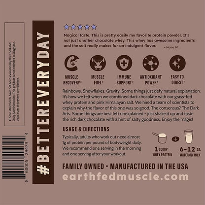 Earth Fed Muscle Dark Arts Grass Fed Truly Grass Fed Whey Protein Powder - No Artificial Ingredients, Soy Free, Gluten Free, Non-GMO and Hormone Free (2 Pound, 26 Servings, Salted Chocolate)