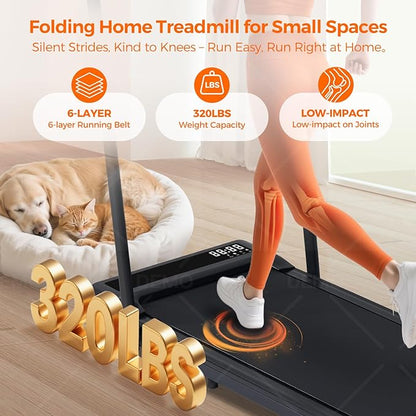 Portable Compact Treadmill with Handles for Home Small Spaces, Foldable Folding Walking Pad Treadmill with Handle Bar, 3.0HP Electric Walking Pads Treadmills Home with 320LB Capacity, LED Display
