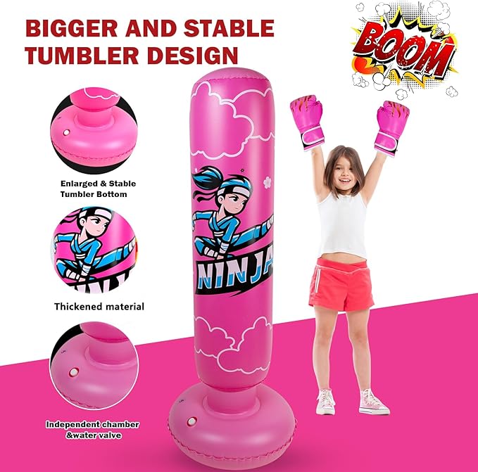 Larger Inflatable Punching Bag for Kids with Boxing Gloves,Tall 66 Inch Ninja Kids Inflatable Boxing Bag,Gifts for Boys & Girls Age 5-12 for Taekwondo,MMA and Practicing Karate