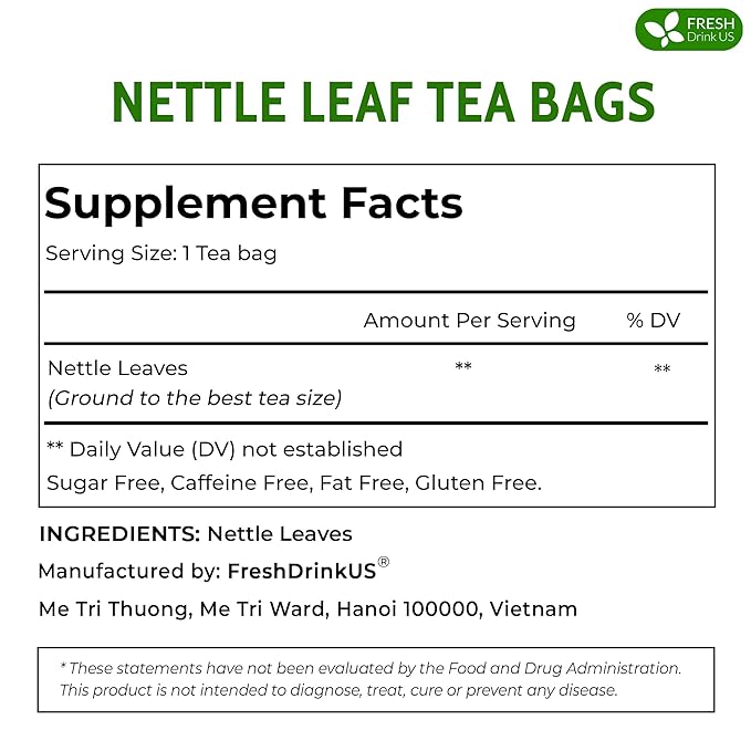 FreshDrinkUS, 55 Nettle Leaf Tea Bags, 100% Natural & Pure from Nettle Leaves. Loose Leaf Nettle Herbal Tea. Nettle Leaf Tea. No Sugar, No Caffeine, No Gluten, Vegan.