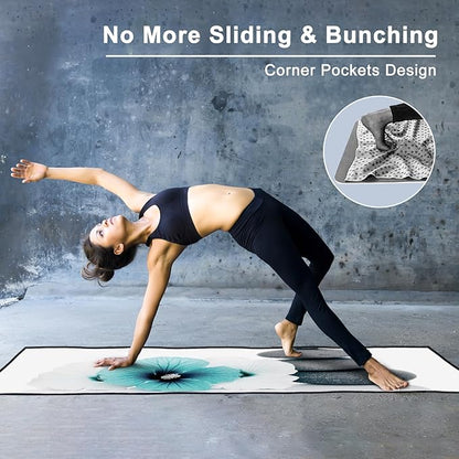 QiyI Large Yoga Mat Towel with Corner Pockets, Non Slip Sweat Absorbent Hot Yoga Towels, Soft Yoga Blankets Skidless Mat Cover for Workout, Gym, Fitness - 74"x26", Pebbles & Blue White Flowers