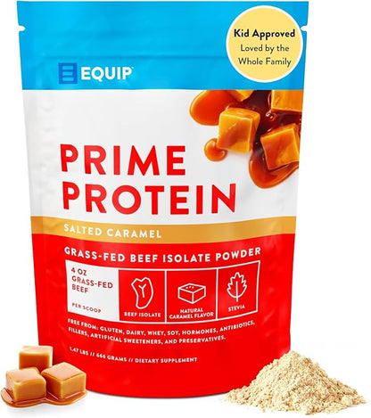 Equip Foods Prime Protein Powder | Clean, Grass Fed Beef Protein Isolate | Carnivore Protein Powder | Paleo, Keto Friendly | Gluten, Dairy Free | 30 Servings, Salted Caramel