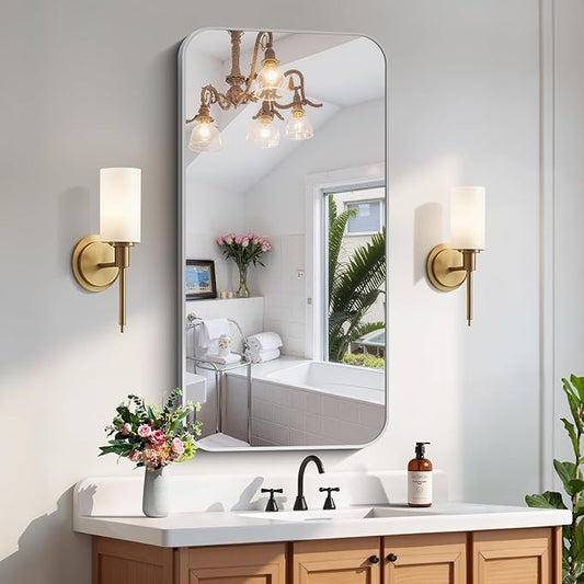 FORBATH 24x48 Inch Silver Bathroom Mirror for Over Sink, Narrow Rectangular Full Length Mirror with Metal Frame, Rounded Corners for Bathroom, Bedroom, Entryway Decor (Horizontal or Vertical)