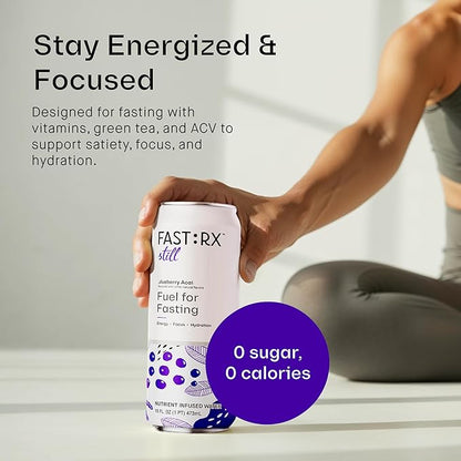 FASTRX Blueberry Acai Still Fasting Electrolyte Drink – Hunger Suppressant, Includes Essential Electrolytes and Vitamins, De-Sugared Blueberry Juice – Zero Sugar, 16 Fl Oz, Pack of 12