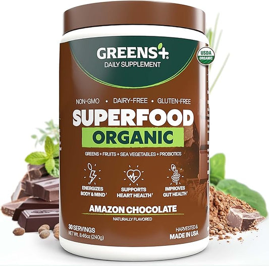 Greens+ Plus Organic Superfood Amazon Chocolate, Boost Energy, Essential Blend of Raw Foods, Non GMO, Gluten Free, USDA Organic and Vegan Powder, 8.46 oz