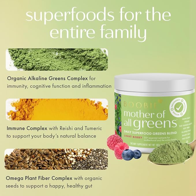 Boobie Mother of All Greens | Your New Family Ritual, Daily Super Greens Powder with 35+ Essential Nutrients for Moms & Families | Vegan, Gluten Free, & Sugar Free | Light Berry Flavor, 30 svgs