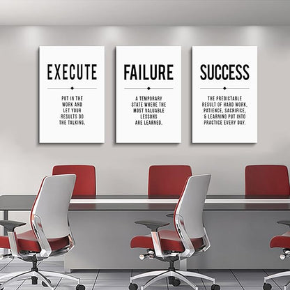 Framed Canvas Wall Art Success Quote, Office Wall Art, Black Large Poster, Positive Motivational Set of 3 Prints, Execute Failure Definition, Inspirational Print (D-3pcs,20x30inchx3pcs)