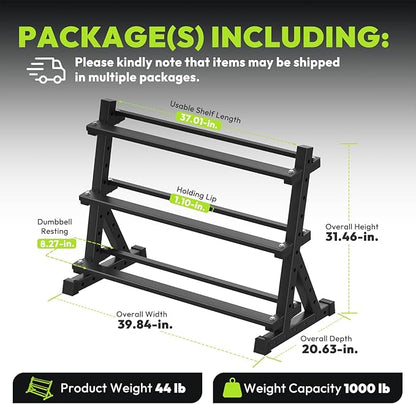 3-Tier Dumbbell Rack, 1000 lb Large Capacity, Heavy Duty Weight Storage Rack for Home Gym