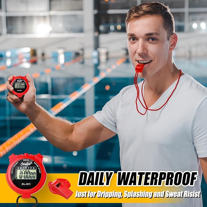 48 Pcs Digital Stopwatch Timer Plastic Whistle Bulk for Sports Coaches Referee Waterproof Watch Timer Whistle with Lanyard Multi Function Electronic Fitness Date Alarm (Red)