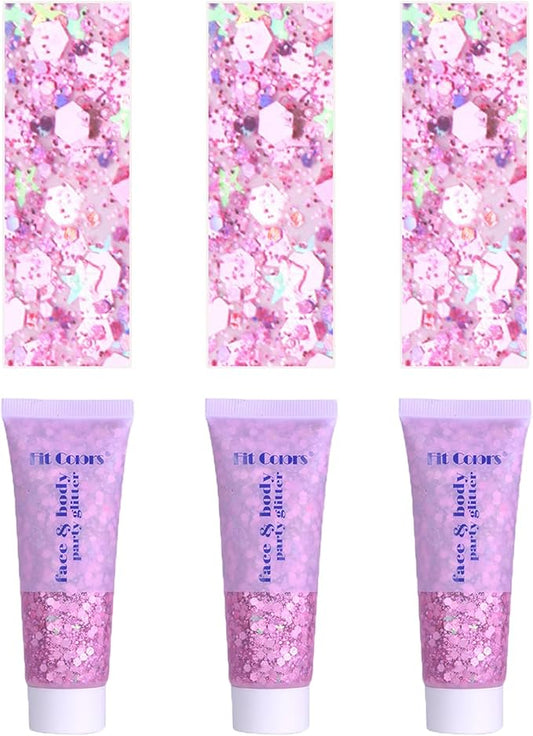 Face Body Glitter, Hair Glitter Sparkles Chunky Face Glitter Gel for Girls Makeup Singer Concerts Mermaid Festival Sequins Face Paint (3pc Pink)