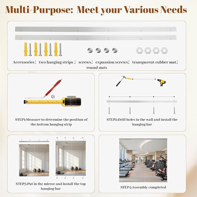 Home Gym Mirror - 2 PCS 24×48 inches, Large Wall Mounted Frameless Full Length Body Mirror for Dancing Studio, Exercise, Fineness, Yoga, Tempered Glass