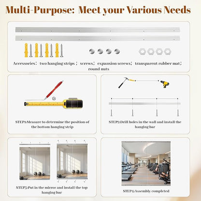 Home Gym Mirror - 2 PCS 24×48 inches, Large Wall Mounted Frameless Full Length Body Mirror for Dancing Studio, Exercise, Fineness, Yoga, Tempered Glass