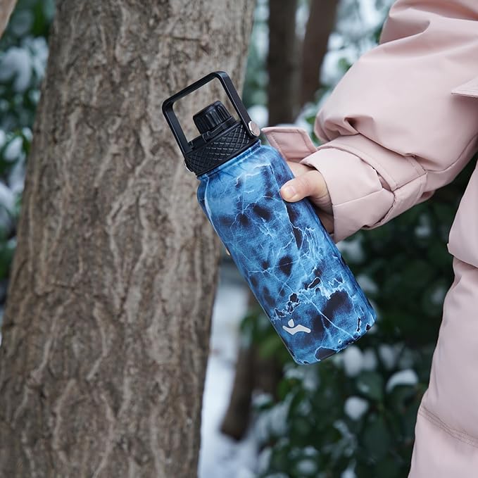 22oz Stainless Steel Bottles with 3 Lids Sport Insulated Water Bottle,Marble Ocean