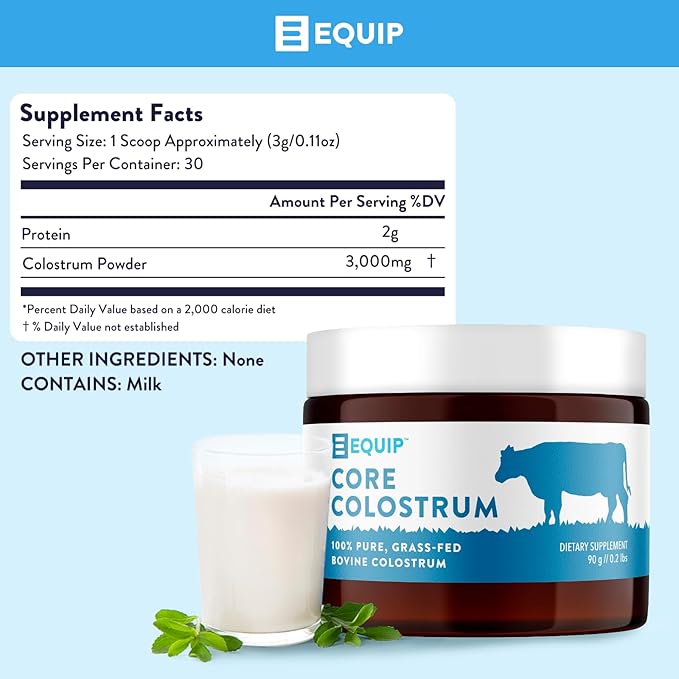 Equip Foods Core Bovine Colostrum Powder - 3,000mg Grass Fed Colostrum Supplement - Gut Health, Immunity, Recovery Lactoferrin Supplements - Keto Friendly Bovine Colostrum, 30 Servings, Unflavored