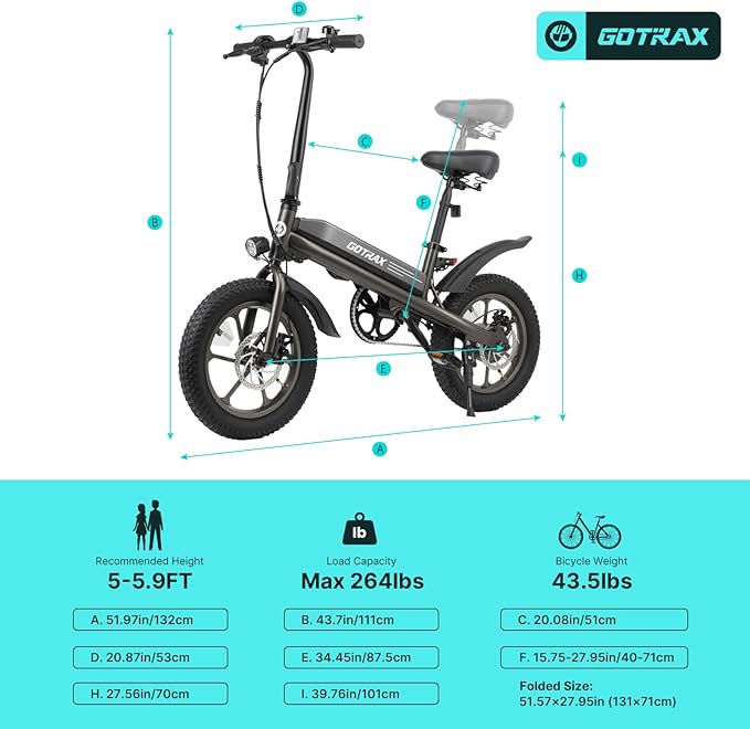 Gotrax S3 Electric Bike, 16x3.0 Fat Tire Electric Bicycle Adults, 750W Peak Motor, Max Range 25 Miles, Up to 20 Mph, Removable Battery, Adjustable Seat, Folding Electric Bike for Adults/Teens 13+