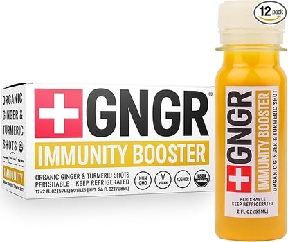 '+GNGR Immunity Booster Organic Ginger and Turmeric Shot - Cold Pressed Ginger Shots with Turmeric, Cayenne Pepper, Orange, Lemon for All Natural Immune & Digestive Support (2 Oz, Pack of 12)