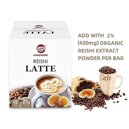 GANOHERB Reishi Mushroom Latte Coffee Powder, 4 in 1 Instant Arabica Coffee with Organic Ganoderma Lucidum Extract to Improve Appetite Stress Relief, Rich Taste Excellent Flavor, 11.1oz (15 Count)