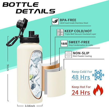 Insulated Water Bottle - 32oz 40oz 64oz Water Bottles with Straw & Spout Lids, Carrier Bag, Paracord Handle and Flask Boot, Reusable Stainless Steel Water Bottle, Metal Canteen Mug for Work