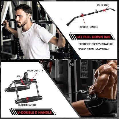LAT Bar Cable Attachment with Rubber Handgrips, Deluxe Heavy Duty Solid Curl Bar Revolving Hanger Home Gym Cable Attachments