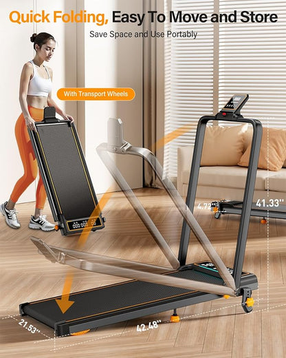 Treadmill Walking Pad with 10% Incline/Handle Bar/2 LED Display, 3.5HP Portable Treadmills for Home Small, Foldable Walking Pad Treadmill 350+lb Capacity, Smart App, 4 Adjustable Incline, RGB Light