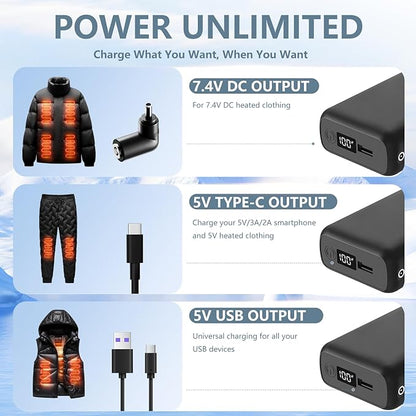 18400mah and 10000amh Battery Pack Heated Vest for ORORO and Venustas, 7.4V/5V Power Bank for Heated Vest with DC/USB/Type-C Output and LED Display for Heating Clothing and Phones