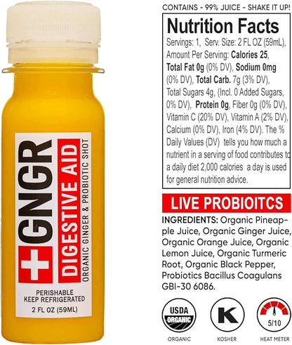 '+GNGR Digestive Aid Organic Ginger Shots with Probiotics, Gut Health, Colon Cleanse, Bloating Relief, Gut Detox, Immunity Shots with Ginger Juice, Turmeric, Black Pepper. (2 Oz, Pack of 12)
