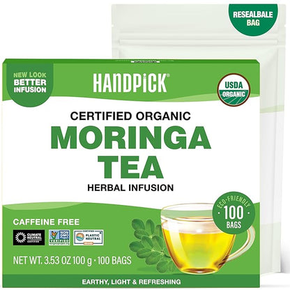 HANDPICK, Organic Moringa Tea Bags (100 Count), Pure Moringa Leaves | Authentic Indian Origin | Caffeine Free, Non GMO | Earthy, Light & Refreshing | Round Eco-conscious Teabags
