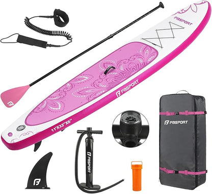 FBSPORT 11' Premium Stand Up Paddle Board, Yoga Board with Durable SUP Accessories & Carry Bag | Wide Stance, Surf Control, Non-Slip Deck, Leash, Paddle and Pump for Youth & Adult