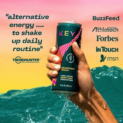 KEY Ketone Energy Drink : Sugar Free, 80mg Low Caffeine, All Natural, 11.5g Ketones, Long Lasting Energy, Green Tea & L-Theanine for Mental Focus, Ginger Lime (Pack of 12)
