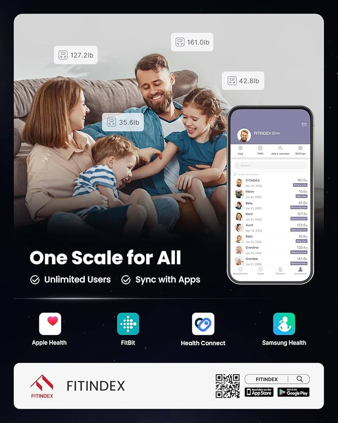 FITINDEX Body Composition Scale for Body Weight, Smart 8-Electrodes with BMI, Body Fat, Muscle Mass, 50 Composition Measurements, Bluetooth