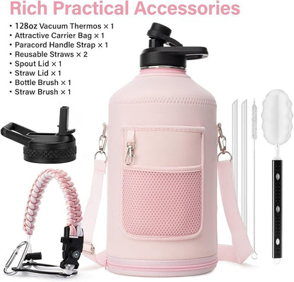1 Gallon Water Bottle Insulated | Thickened Stainless Steel Vacuum Metal Water Jug | Portable Sports Large for Gym and Hiking with Straw, Carrier Bag, Handle Strap | BPA-Free 128 oz