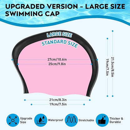 2 Pack Large Swim Caps for Long Hair, Silicone Swimming Cap for Adult Women Men, Waterproof Swim Hats Bathing Caps to Keep Hair Dry with Bonus Nose Clip and Earplugs