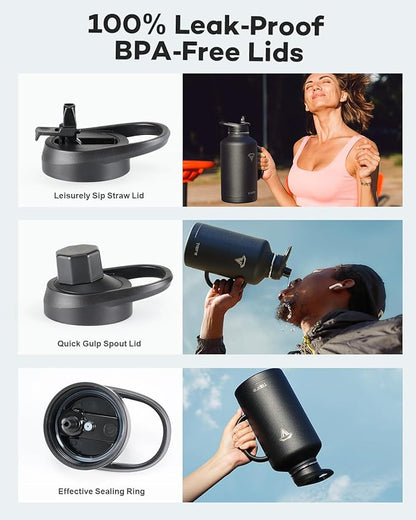 Half Gallon Water Bottle with Straw and Lid, 64 oz Insulated Stainless Steel Jug with Handle,Reusable Metal Travel Flask Mug Cup With Carry Pouch and Brush,Keep Cold & Hot,Black