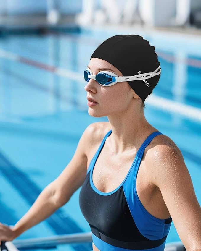 Firesara Fabric Swim Cap, High Elasticity Swimming Cap Keeps Hair Clean Breathable Fit Both Long Hair Short Hair, Swim Caps Woman Girls Men Kids One Size Hat