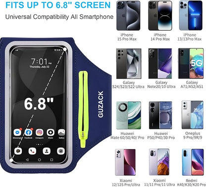 GUZACK Running Armband, Running Phone Holder with Key Pockets & Card Slot for iPhone 15 14 13 12 11 Pro Max Plus, Galaxy S24 S23/S22/S21 Fit Up to 6.9 Inches, Navy Blue Green Zipper