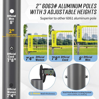 2025 Outdoor Professional Volleyball Net Set for Backyard Beach with Tetoron Net, Adjustable 2" Aluminum Poles, PU Volleyball,Carry Bag - Easy Setup & Anti-Sagg with 2 Tension Adjusters