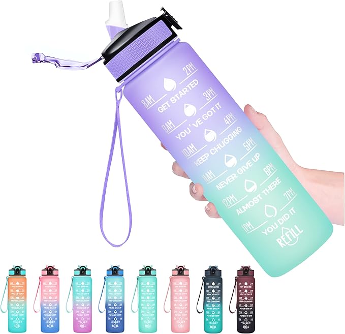 Hyeta 32 oz Water Bottles with Times to Drink and Straw, Motivational Water Bottle with Time Marker, Leakproof, Drinking Sports Water Bottle for Fitness, Gym and Outdoor
