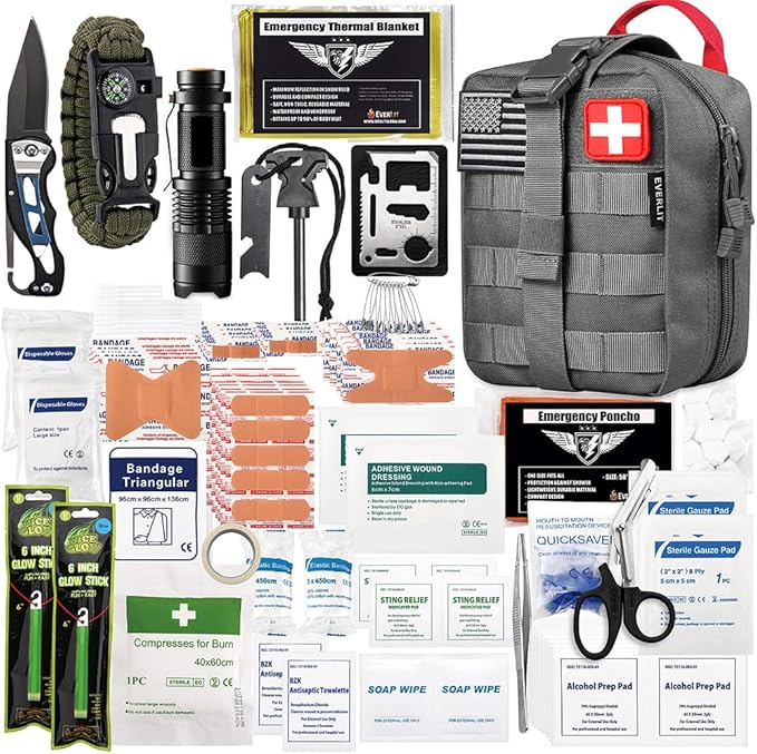 EVERLIT 250 Pieces Survival First Aid Kit IFAK EMT Molle Pouch Survival Kit Outdoor Gear Emergency Kits Trauma Bag for Camping Boat Hunting Hiking Home Car Earthquake and Adventures